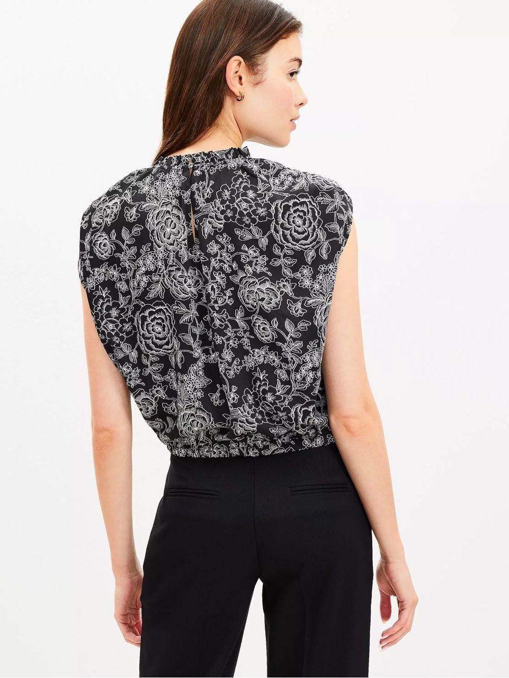 LOFT Petite Etched Floral Ruffle Neck Bubble Hem Black White Cap-Sleeve Blouse - Picture 3 of 8